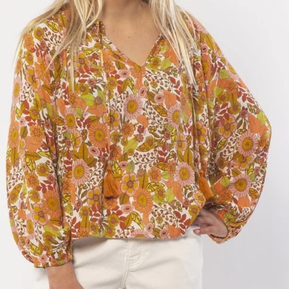 Brown and Tan Tie Front Blouse with Relaxed Fit - Picture 1 of 11